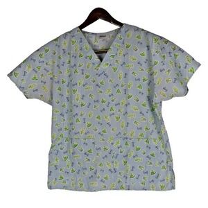 JAYLYN Womens Medical Scrub Top Shirt‎ Frogs Childcare Fun Blue/Green - SIZE M